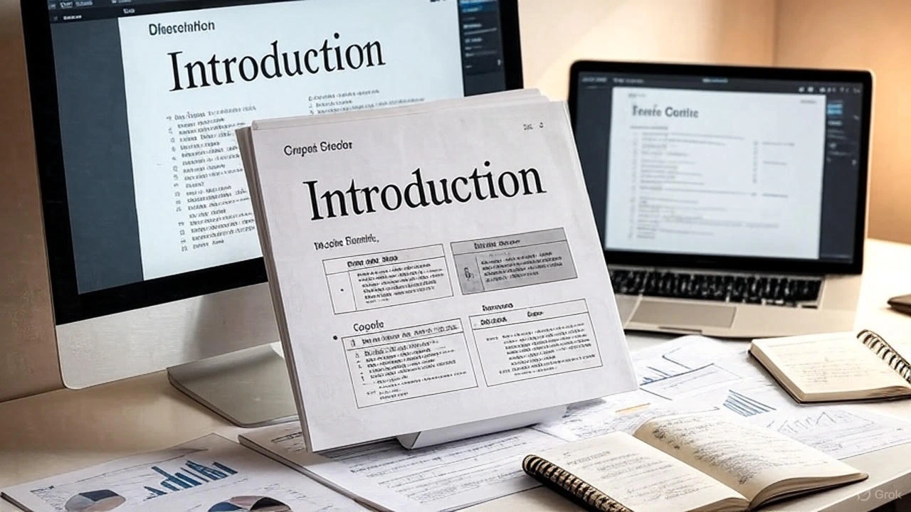 Professional academic workspace with organized research materials used for PhD writing services.