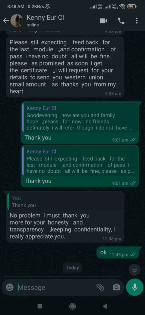 Verified WhatsApp testimonial from a postgraduate student for academic writing help