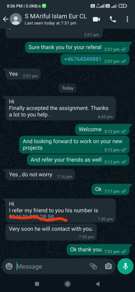 WhatsApp review from an academic client thanking for timely thesis assistance