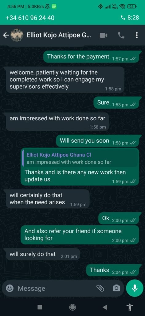 Verified WhatsApp testimonial from a PhD student confirming successful thesis completion