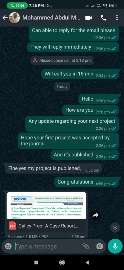 WhatsApp testimonial from an academic client confirming project approval and completion