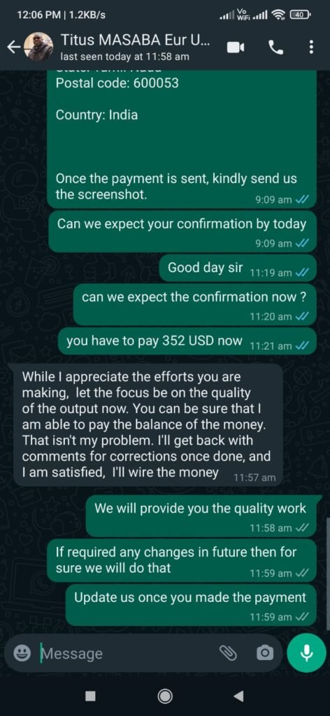 WhatsApp testimonial from a PhD client expressing satisfaction with research assistance