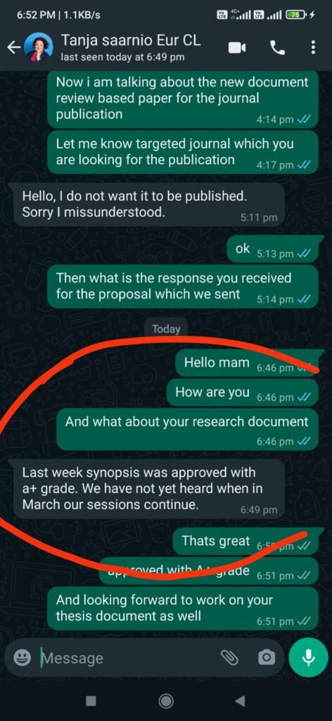 Real WhatsApp review from a PhD client appreciating professional dissertation writing support