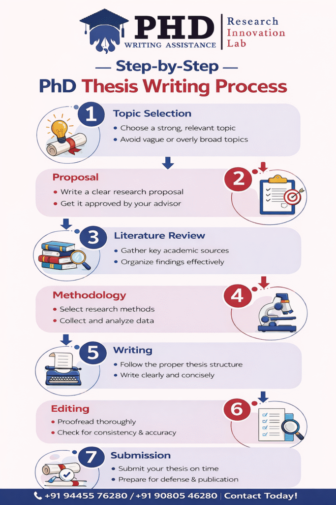  infographic explaining step by step Phd thesis writing process from proposal to publication timeline
