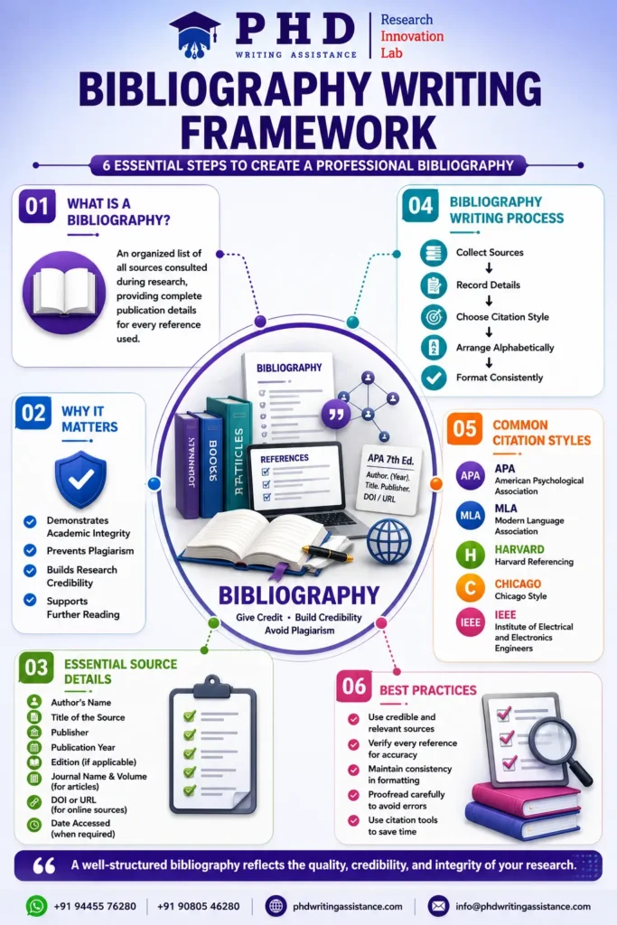Step-by-step guide showing how to write a bibliography, bibliography format for projects, and references for research papers.