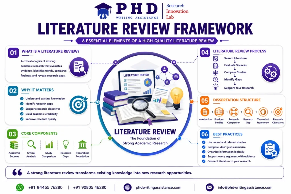 Step-by-step literature review process including theoretical framework and research analysis