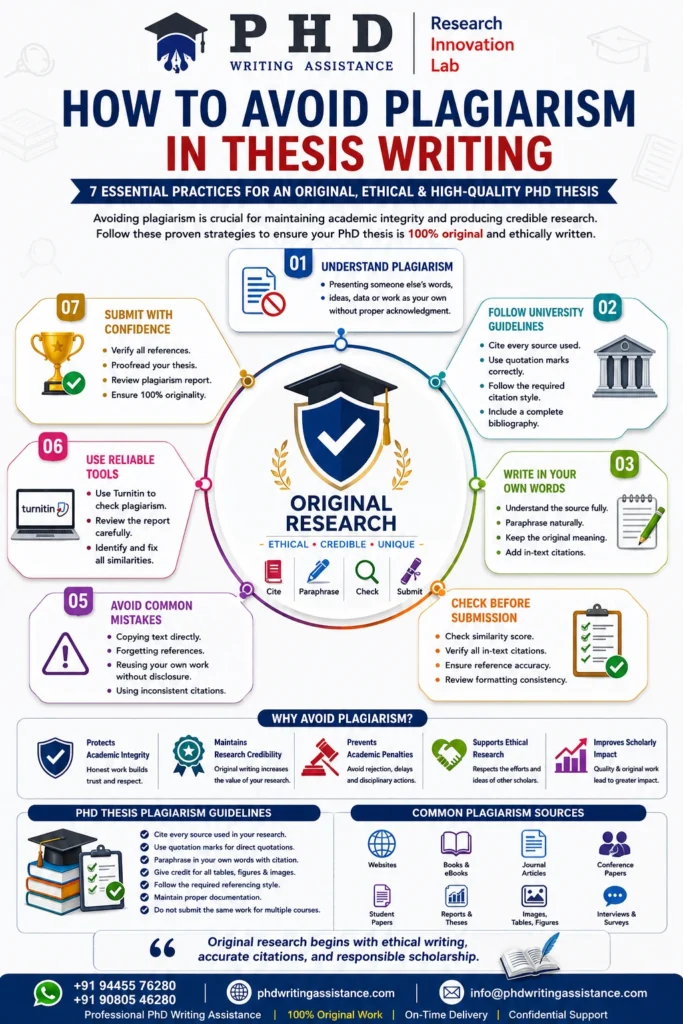 Infographic showing practical steps to avoid plagiarism in thesis writing, check plagiarism in a PhD thesis, use Turnitin, and follow university plagiarism guidelines.