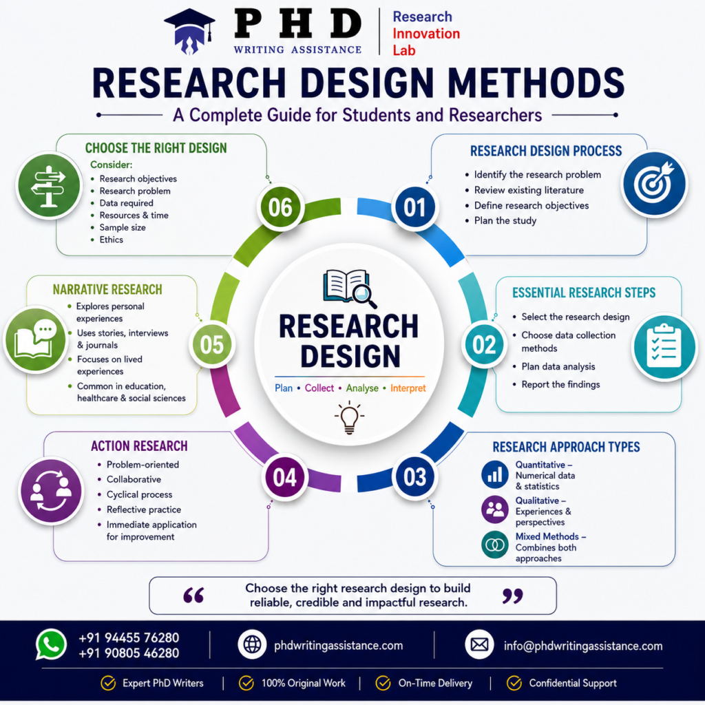Infographic illustrating research design methods, research design process, research approach types, steps in research design, and narrative research.