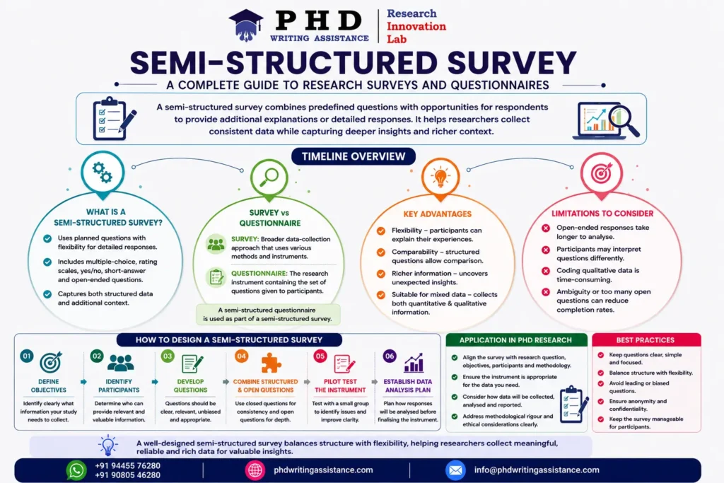 Semi-structured survey process showing questionnaire design and research methods