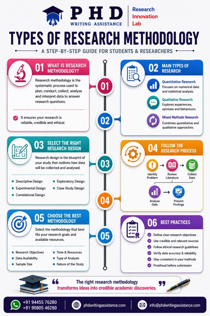 Infographic showing the types of research methodology, research methodology steps, research design process, and commonly recommended research methodology books.