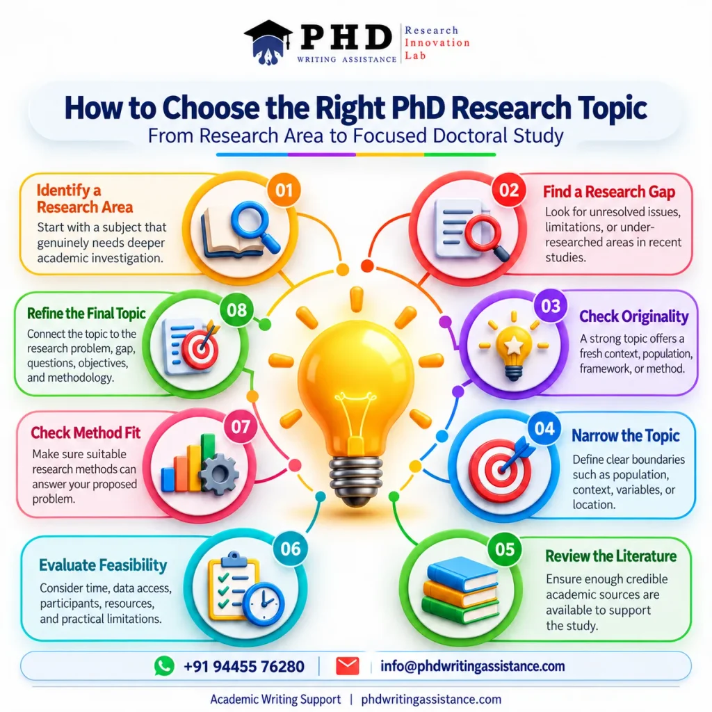 PhD research topic selection process showing how to identify interests, research gaps, feasibility and a suitable doctoral topic