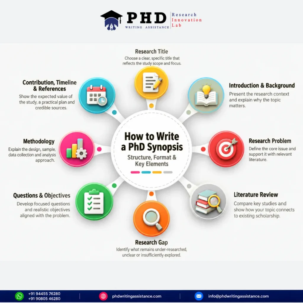 PhD synopsis structure showing research problem, literature review, research gap, objectives and methodology